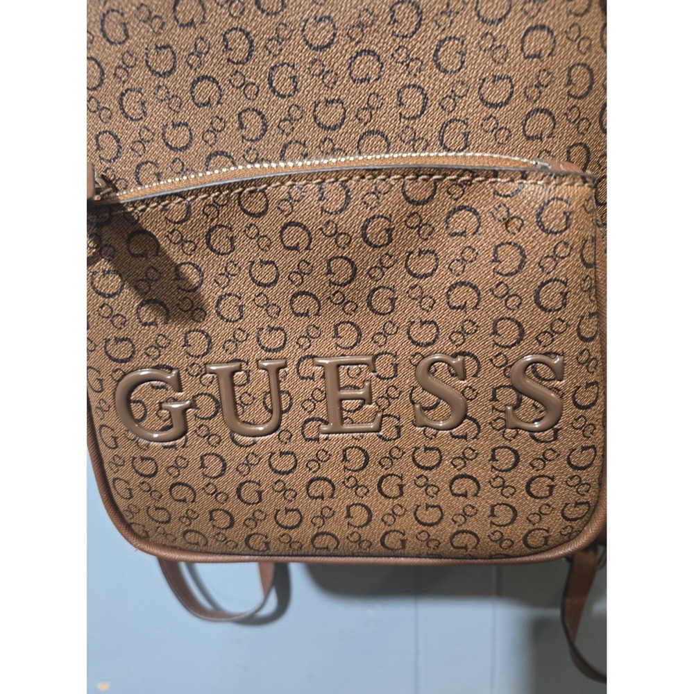 Guess Brown Logo Pattern Mini Backpack - Picture 3 of 11